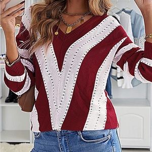 Women Long Sleeve Deep V Neck Hollow Out Knit Pullover Sweater.